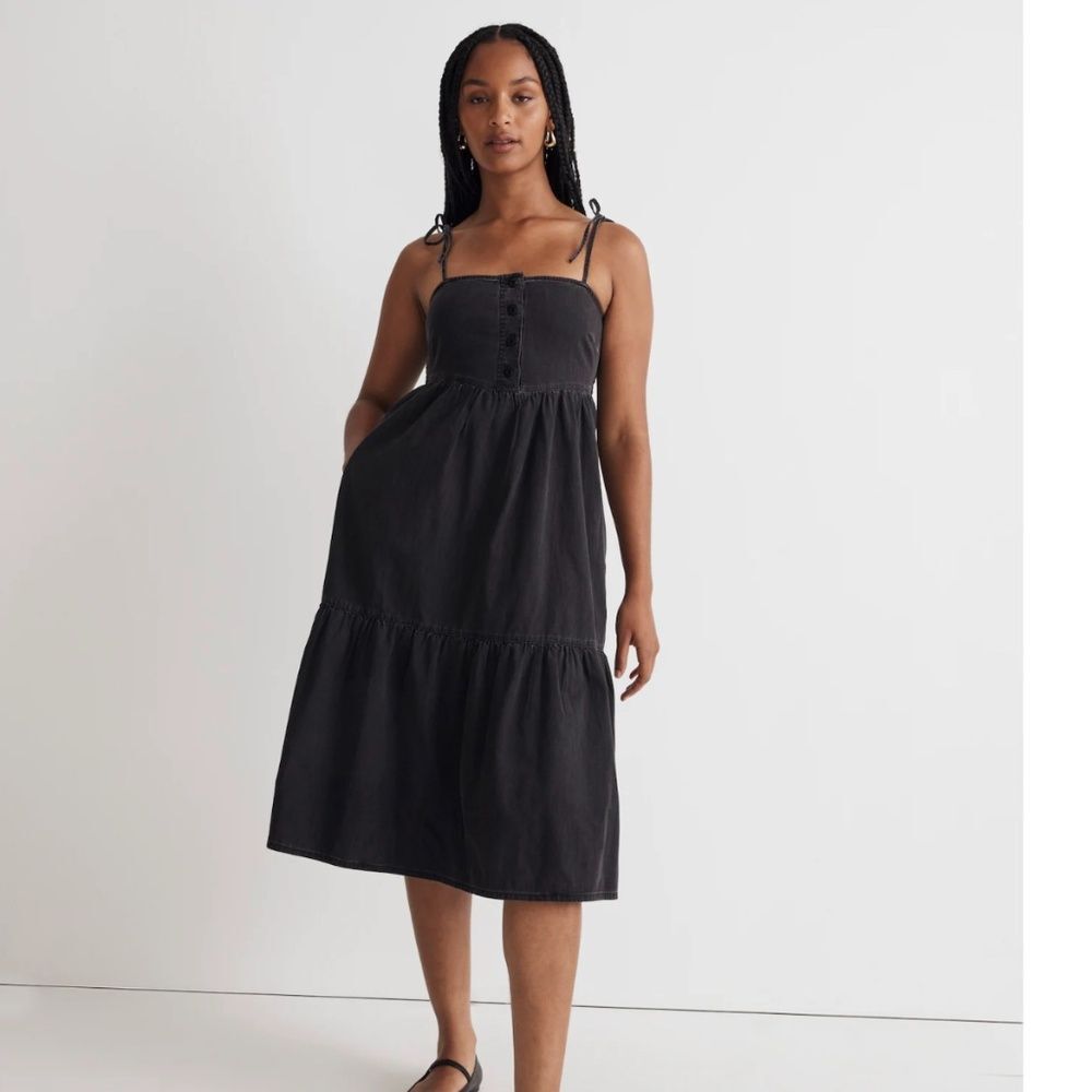 Madewell Denim Tiered Midi Dress in Lunar Wash Black Tie Strap Size XS